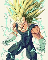  1boy blonde_hair blue_bodysuit bodysuit bure_(fantasticyouth7) closed_mouth dragon_ball dragon_ball_daima electricity facial_mark forehead_mark gloves green_eyes grey_background highres long_hair majin_vegeta male_focus muscular muscular_male no_eyebrows simple_background smirk solo spiky_hair super_saiyan super_saiyan_3 vegeta veins white_gloves 