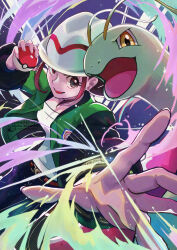  1girl antennae ayaka_mitarashi belt brown_eyes brown_hair colored_skin commentary_request flower green_jacket green_skin harmony_(pokemon) hat highres holding holding_poke_ball jacket long_neck long_sleeves mega_ring mega_stone meganium open_clothes open_jacket open_mouth pants poke_ball pokemon pokemon_(creature) pokemon_legends:_z-a sauropod shirt short_hair smile striped_hat white_hat white_shirt yellow_eyes 