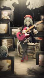  1girl absurdres ascot bang_dream! bang_dream!_it's_mygo!!!!! beret black_background black_capelet black_overskirt black_thighhighs capelet character_doll crossed_ankles crt crystal_earrings disembodied_hand doll earrings electric_guitar green_hair guitar hat high_heels highres holding holding_guitar holding_instrument holding_plectrum instrument jewelry long_hair milksays monitor mortis_(bang_dream!) mortis_(costume)_(bang_dream!) music parted_lips playing_guitar playing_instrument plectrum puppet_strings puritan_collar red_hat red_shoes red_shorts see-through_clothes see-through_sleeves shirt shoes shorts sitting solo television thigh-highs wakaba_mutsumi white_ascot white_shirt yellow_eyes 