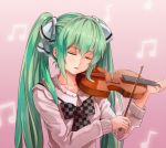  1girl closed_eyes green_hair hair_ribbon hatsune_miku instrument long_hair mr.dark musical_note playing_instrument ribbon solo twintails violin vocaloid 