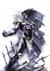  2boys armor artist_name belt bilingual_commentary black_boots black_gloves black_hair boots clenched_hands closed_mouth colored_skin commentary diamond_wa_kudakenai fingerless_gloves floating_hair forehead_protector gloves gold_armor gold_belt hat highres jojo_no_kimyou_na_bouken knee_pads kujo_jotaro loincloth looking_at_viewer male_focus mixed-language_commentary multiple_boys muscular muscular_male naratani open_mouth painterly pelvic_curtain purple_skin purple_theme rubble short_hair shoulder_armor signature stand_(jojo) standing star_platinum uneven_footing violet_eyes white_hat 