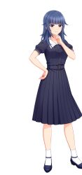  1girl artist_request belt black_belt black_shirt black_skirt blue_hair blue_shoes cinderella_series closed_mouth hachigatsu_no_cinderella_nine hand_on_own_chin hand_on_own_hip highres looking_at_viewer medium_hair official_art sagara_yoshino sailor_collar school_uniform shirt shoes short_sleeves skirt socks solo transparent_background violet_eyes white_sailor_collar white_socks 