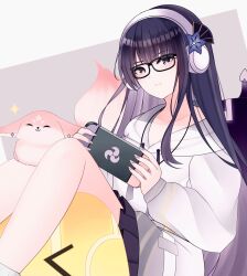  1girl blush closed_mouth commentary electro_slime_(genshin_impact) from_side genshin_impact glasses hair_down head_tilt headphones highres holding hood hoodie hoyofair leaning_back light_smile long_sleeves looking_at_viewer looking_to_the_side marutaro mitsudomoe_(shape) mole mole_under_eye mutant_electro_slime_(genshin_impact) nintendo_switch playing_games playing_video_games purple_hair purple_hoodie raiden_shogun raiden_shogun_(2nd_anniversary) skirt slime_(genshin_impact) solo tomoe_(symbol) violet_eyes yae_miko yae_miko_(fox) 