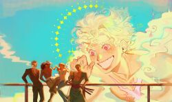  1girl 4boys bikini bikini_top_only black_hair black_jacket blonde_hair blue_pants blue_sky collarbone cross_scar denim devil_fruit_power english_commentary exhosionn feet_out_of_frame gear_fifth giant green_bikini green_hair grin haramaki hat highres jacket jeans katana long_hair looking_at_another monkey_d._luffy multiple_boys nami_(one_piece) one_piece orange_hair outdoors pants red_eyes roronoa_zoro sanji_(one_piece) scar scar_on_chest sheath sheathed short_hair sky smile smoking sparkle straw_hat_pirates suit_jacket swimsuit sword topless_male transformation upper_body usopp weapon white_hair 