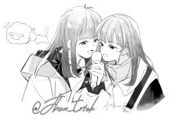  2girls aoki_hina bang_dream! bang_dream!_it's_mygo!!!!! commentary_request greyscale highres holding holding_microphone hood hood_down jhon_trick kaname_raana microphone monochrome multiple_girls name_connection open_mouth real_life sidelocks simple_background takamatsu_tomori voice_actor voice_actor_connection white_background youmiya_hina 