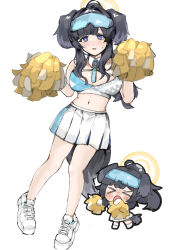  1girl animal_ears black_hair blue_archive blue_eyes blush breasts cheerleader commentary_request dog_ears dog_girl dog_tail goggles goggles_on_head halo hibiki_(blue_archive) hibiki_(cheer_squad)_(blue_archive) highres holding holding_pom_poms long_hair looking_at_viewer millennium_cheerleader_outfit_(blue_archive) navel official_alternate_costume open_mouth pom_pom_(cheerleading) simple_background skirt solo star_(symbol) star_sticker sticker sticker_on_face tail user_agkx3374 white_background yellow_halo 