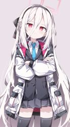  1girl black_hairband black_thighhighs blue_archive blue_necktie collared_shirt commentary_request cosplay crossed_arms hair_between_eyes hairband halo highres jacket kei_(blue_archive) kei_(new_body)_(blue_archive) long_hair necktie partial_commentary sabana shirt simple_background skirt solo thigh-highs white_hair white_shirt 