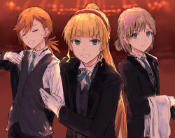  3girls :d =_= alternate_costume black_jacket black_pants black_vest blazer blonde_hair blue_eyes blue_necktie blunt_bangs bowing brown_background butler butler_bowing closed_eyes collared_shirt commentary crossdressing crossdressing_(ftm) dress_shirt female_butler green_eyes grey_hair grin hairband heanna_sumire high_ponytail jacket looking_at_viewer love_live! love_live!_superstar!! low_ponytail medium_hair multiple_girls necktie open_clothes open_jacket orange_hair pants parted_bangs ponytail red_hairband shibuya_kanon shirt short_hair smile tang_keke v-shaped_eyebrows vest white_shirt yukitake_(bullfalk) 