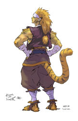  1boy animal_ears baggy_pants bandaged_arm bandaged_leg bandages bandana belt black_belt blonde_hair blue_eyes breath_of_fire breath_of_fire_iii brown_pants brown_vest character_name commentary_request copyright_name dated facial_mark from_behind full_body furry furry_male hands_on_own_hips highres long_hair looking_back low-tied_long_hair male_focus pants rei_(breath_of_fire) signature solo standing tail tiger_boy tiger_ears tiger_tail tombiiwa vest yellow_fur 