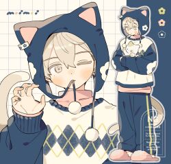  1girl animal animal_hat blonde_hair blue_hat blue_pants blue_sleeves blush cat cat_girl cat_hat cat_tail claw_pose closed_mouth commentary commission double-parted_bangs flower_symbol full_body grey_outline grid_background hair_between_eyes hand_up hat highres holding holding_animal long_sleeves looking_at_viewer moi03_moi08 multiple_views no_socks one_eye_closed original outline pants parted_lips pink_slippers short_hair signature slippers standing sweater symbol-only_commentary tail watermark white_background white_sweater yellow_eyes 