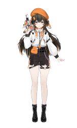  1girl absurdres ahoge animal_bag animal_ear_headwear bag black_hair black_shoes black_shorts braid carrot_hair_ornament center-flap_bangs closed_mouth colored_inner_animal_ears food-themed_hair_ornament full_body hair_between_eyes hair_ornament hand_up hat highres holding holding_water_gun jacket liko_(virtuareal) long_hair multicolored_hair nijisanji official_art orange_bag orange_hair orange_hat rabbit_girl shoes shorts shoulder_bag simple_background smile solo standing straight-on streaked_hair tachi-e tail transparent_background two-tone_hair virtual_youtuber virtuareal water_gun white_jacket yellow_eyes 