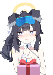  1girl absurdres animal_ears black_hair blue_archive blue_eyes blush box cheerleader dog_ears dog_girl gift gift_box goggles goggles_on_head halo hibiki_(blue_archive) hibiki_(cheer_squad)_(blue_archive) highres holding holding_box holding_gift long_hair meteor_(ks111278) millennium_cheerleader_outfit_(blue_archive) official_alternate_costume open_mouth simple_background star_(symbol) star_sticker sticker sticker_on_arm sticker_on_face white_background yellow_halo 