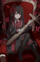  1girl absurdres black_hair black_pantyhose black_shirt black_skirt bug butterfly closed_mouth collared_shirt flower full_body hair_flower hair_ornament highres holding holding_sword holding_weapon knees_up long_hair long_sleeves looking_at_viewer mahou_shoujo_no_majo_saiban necktie nikaido_hiro no_shoes pantyhose pleated_skirt qizhi'er red_background red_butterfly red_eyes red_flower red_necktie shirt sitting sitting_on_throne skirt solo sword weapon 