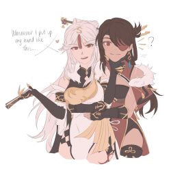  2girls ? bare_shoulders beidou_(genshin_impact) belt black_boots black_dress black_gloves black_shorts blush boots breasts brown_belt brown_hair china_dress chinese_clothes cleavage_cutout closed_mouth clothing_cutout commentary cowboy_shot diamond_cutout dress earrings elbow_gloves english_commentary english_text eyepatch fake_claws fingerless_gloves fur_collar genshin_impact gloves gold_ring hair_ornament hair_stick hand_fan hand_on_another's_chin hands_up heart highres holding holding_fan hug hug_from_behind jewelry lapels large_breasts long_hair looking_at_viewer mandarin_collar multiple_girls multiple_rings ningguang_(genshin_impact) notice_lines open_mouth red_dress red_eyes ring short_shorts shorts sidelocks simple_background single_earring sleeveless sleeveless_dress smile speech_bubble standing tan tassel tassel_earrings tassel_hair_ornament teeth thigh_boots thigh_strap tongue two-tone_dress wavy_hair white_background white_dress white_hair yurenn yuri 