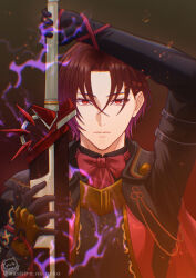  1boy commentary_request crossed_bangs dark_persona fire_emblem fire_emblem_engage hair_between_eyes looking_at_viewer male_alear_(fell_child)_(fire_emblem) male_alear_(fire_emblem) male_focus official_alternate_color official_alternate_eye_color official_alternate_hair_color prince red_aura red_eyes red_hair shu_elle solo sword weapon 