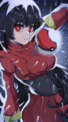  1girl arm_up black_hair blunt_bangs bodysuit bodysuit_under_clothes breasts cropped_jacket gloves highres holding holding_poke_ball jacket long_hair long_sleeves medium_breasts miniskirt pencil_skirt poke_ball poke_ball_(basic) pokemon pokemon_frlg red_eyes red_jacket red_skirt sabrina_(pokemon) side_slit sido_works skirt solo straight_hair turtleneck turtleneck_jacket upper_body white_gloves 