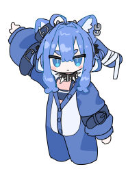 1girl ahoge animal_ear_fluff animal_ear_piercing animal_ears arm_belt belt blue_eyes blue_hair blue_pajamas blush blush_stickers bow bright_pupils buttons chibi collar commentary_request cowboy_shot crop_top cropped_legs determined ear_belt facing_viewer flat_chest hair_bow hair_intakes highres jitome long_sidelocks looking_at_viewer medium_hair multiple_belts naz_(736) open_pajamas original pajamas pointing pointing_up puffy_sleeves sidelocks slit_pupils smile spiked_collar spikes standing thick_eyebrows thick_eyelashes unkempt white_background white_pupils