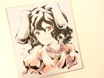  1girl animal_ears black_hair carrot carrot_necklace dress inaba_tewi marker_(medium) rabbit_ears red_eyes shikishi short_hair smile solo touhou traditional_media tsubameyado 