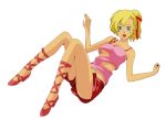  1girl bare_arms blonde_hair blue_eyes breasts cross-laced_footwear elle_vianno full_body gundam gundam_zz hair_ribbon iracco navel open_mouth pink_clothes pink_shoes ponytail ribbon under_boob white_background 