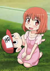  1boy 1girl barefoot baseball_cap black_eyes black_hair brown_eyes brown_hair collarbone commentary_request dress full_body gachon_jirou hands_on_own_thighs hat looking_at_viewer lying nonki_boy nonki_boy_(nonki_boy) on_back open_mouth outdoors pink_dress red_hat seiza shirt_under_dress short_sleeves sitting smile sweat 