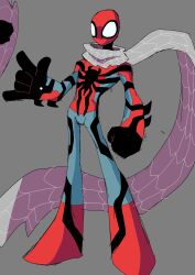  1boy absurdres animal_print black_bodysuit blue_bodysuit bodysuit commentary cyberlord1109 english_commentary highres looking_at_viewer male_focus marvel mask multicolored_bodysuit print_bodysuit red_bodysuit redesign scarf silk spider-man spider-man_(series) spider_print spider_web spider_web_print superhero_costume two-tone_bodysuit white_scarf 