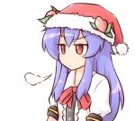  1girl blue_hair bust expressionless food fruit hat hat_ornament hinanawi_tenshi long_hair neck_ribbon peach raised_eyebrow red_eyes ribbon santa_hat sigh simple_background solo touhou wool_(miwol) 