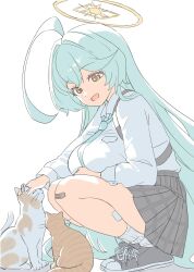  1girl ahoge aqua_hair aqua_necktie arm_under_breasts bandaid bandaid_on_leg bandaid_on_thigh black_shoes blue_archive breasts cat chest_harness from_side halo harness highres huge_ahoge large_breasts long_hair long_sleeves necktie open_mouth orange_cat petting plaid_clothes plaid_skirt pleated_skirt shirt shoes simple_background skirt smile socks squatting too_many_bandaids ushaku very_long_hair white_background white_shirt white_socks yellow_eyes yellow_halo yume_(blue_archive) 
