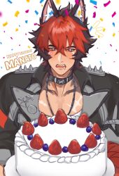  1boy absurdres animal_ear_piercing animal_ears bandaged_arm bandages birthday_cake black_choker black_hair blueberry blush cake choker commentary dog_boy dog_ears english_commentary food fruit happy_birthday highres hungry jewelry komano_manato male_focus multicolored_hair necklace red_bandage red_eyes red_hair saliva scar scar_on_chest scar_on_face strawberry z33_py zenless_zone_zero 