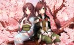  1boy 1girl blurry brown_eyes brown_hair cherry_blossoms copyright_request depth_of_field green_eyes hair_ribbon ichinose_yukino japanese_clothes kimono long_hair looking_at_viewer petals ponytail ribbon sitting smile tree tree_branch 