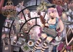  blue_eyes bone bow breasts cake cleavage computer_keyboard flying food hair_bow hair_ribbon john_hathway long_hair looking_at_viewer original ribbon silver_hair sitting smile solo_focus striped striped_legwear thigh-highs zettai_ryouiki 