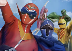  1girl 4boys absurdres aka_ranger ao_ranger arm_up arms_up assault_visor belt belt_buckle black_gloves blue_bodysuit blue_cape blue_helmet blue_sky bodysuit boots buckle cape clenched_hand clouds cloudy_sky commentary day gloves green_bodysuit green_cape green_helmet grey_belt helmet high_collar highres himitsu_sentai_gorenger ki_ranger looking_ahead looking_at_viewer midair mido_ranger momo_ranger multiple_boys outdoors outstretched_arm pink_bodysuit pink_helmet red_bodysuit red_cape red_helmet silver_trim sky super_sentai thomas_chan tokusatsu white_boots white_gloves zipper 