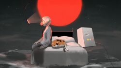  1girl above_clouds angela_he bed bob_cut calico_(pattern) calico_cat cat charger clouds floating floating_object from_side full_body glowing highres moon night non-web_source official_art phone pillow red_moon refrigerator short_hair sitting sky star_(sky) starry_sky white_hair you_left_me 