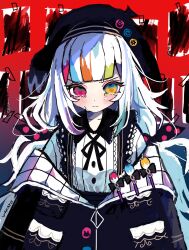  1girl absurdres beret black_jacket blunt_bangs bow collared_shirt commentary_request crying crying_with_eyes_open drawing_(object) hat heterochromia highres jacket jogasaki_noah long_hair long_sleeves looking_at_viewer mahou_shoujo_no_majo_saiban multi-tied_hair multicolored_hair neck_ribbon paintbrush paper pink_eyes polka_dot polka_dot_bow red_background ribbon shirt solo streaked_hair tears wakame_yogurt white_hair white_shirt yellow_eyes 