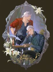  black_gloves blue_eyes brothers closed_mouth coat dante_(devil_may_cry) devil_may_cry_(series) devil_may_cry_5 fingerless_gloves gloves hair_slicked_back highres jacket looking_at_viewer male_focus multiple_boys qzgs1234 red_coat shirt short_hair siblings sitting smile vergil_(devil_may_cry) white_hair 