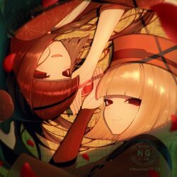  2girls absurdres black_eyes black_hair black_kimono blunt_bangs breasts commentary_request eyeliner fate/grand_order fate_(series) flower grey_hair hair_flower hair_ornament hat highres japanese_clothes kimono komahime_(fate) long_hair long_sleeves looking_at_viewer lying makeup multiple_girls mutai4649 on_side open_mouth red_hat red_kimono sen_no_rikyu_(fate) sen_no_rikyu_(first_ascension)_(fate) short_hair small_breasts smile very_long_hair wide_sleeves 