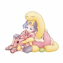  1boy backwards_hat bowl capri_pants closed_eyes closed_mouth commentary drinking_straw ethan_(pokemon) hat highres holding holding_bowl jacket long_sleeves male_focus pants pokemon pokemon_(creature) pokemon_hgss shoes short_hair shuckle simple_background sleeping tan_carbonnn u_u 