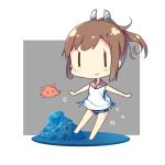 1girl brown_hair chibi hair_ornament i-401_(kantai_collection) kantai_collection looking_at_viewer outstretched_arms ponytail school_swimsuit school_uniform serafuku smile spread_arms swimsuit swimsuit_under_clothes tunamayochan |_| 