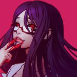  1girl blood bust face glasses hand_to_own_mouth ilya_kuvshinov kamishiro_rize lips long_hair looking_at_viewer parted_lips purple_hair red-framed_glasses red_eyes semi-rimless_glasses solo tokyo_ghoul under-rim_glasses 