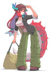 1girl alternate_costume bag black_jacket blue_eyes blue_horns breasts cargo_pants dragon_girl dragon_horns dragon_tail duel_monster full_body green_pants highres horns jacket kitchen_dragonmaid large_breasts long_hair pants red_hair shibumi simple_background solo standing sweater tail white_background white_sweater yu-gi-oh! 