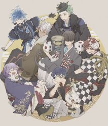  6+boys :> :/ :d ^_^ ace_trappola ace_trappola_(new_year's_attire) animal_ears antenna_hair asa_no_ha_(pattern) award_ribbon black_gloves black_hakama black_hat black_kimono blue_eyes blue_hair blunt_bangs blush_stickers boots border bowl_cut brown_hair brown_kimono cable canned_tuna cat checkered_clothes checkered_kimono choppy_bangs closed_eyes clothing_cutout crossed_arms dark-skinned_male dark_skin deuce_spade deuce_spade_(new_year's_attire) dice egasumi elbow_on_knee epel_felmier epel_felmier_(new_year's_attire) expressionless facial_hair fiery_hair fingerless_gloves floral_print floral_print_kimono flower frown full_body fur-trimmed_boots fur_scarf fur_trim furrowed_brow garrison_cap gloves gold_trim green_eyes green_hair green_trim grey_background grey_kimono grim_(twisted_wonderland) hair_between_eyes hair_flower hair_ornament hair_over_eyes hair_slicked_back hakama hand_on_own_hip hand_on_own_knee hat hat_pin head_on_hand head_rest high_heel_boots high_heels highres hip_vent holding holding_dice jack_howl jack_howl_(new_year's_attire) japanese_clothes joints juban kariginu kimono knees_up kouhaku_nawa lapels looking_at_another looking_at_viewer looking_back male_focus mask mask_on_head multiple_boys night_raven_college_first_years obi obiage obijime open_mouth orange_hair ortho_shroud ortho_shroud_(new_year's_gear) outstretched_arms pale_skin pawpads print_hakama print_kimono purple_hair purple_kimono raised_eyebrows raised_inner_eyebrows rantatta red_eyes respirator robot_joints rope round_border sash scarf sebek_zigvolt sebek_zigvolt_(new_year's_attire) seigaiha shimenawa shirt shirt_under_kimono short_hair sideways_glance simple_background sitting smile swept_bangs twisted_wonderland very_short_hair wavy_hair white_hair white_hakama white_scarf white_shirt wolf_boy wolf_ears yellow_eyes yuu_(twisted_wonderland) 