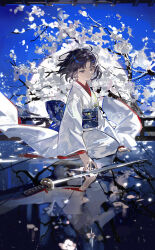  1girl absurdres black_eyes black_hair blue_sash cherry_blossoms commentary_request fate/grand_order fate_(series) full_moon highres japanese_clothes kara_no_kyoukai katana kimono kneeling layered_kimono mento moon obi red_kimono reflective_floor ryougi_shiki sash short_hair solo sparkle sword tile_floor tiles weapon white_kimono 