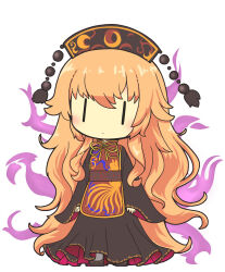  1girl akihiyo black_dress black_hat black_shoes blush chibi chibi_only commentary_request dalachi_(headdress) dress expressionless fiery_tail fire fox_print full_body hat hat_tassel highres junko_(touhou) long_hair long_sleeves orange_hair purple_fire red_tabard shoes solo tabard tail touhou very_long_hair white_background |_| 