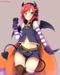  1girl bare_shoulders bat_wings blush boots cape dated demon_girl demon_tail elbow_gloves fake_horns female gloves grin headphones highres love_live!_school_idol_project navel nishikino_maki paw_pose pinstripe_pattern redhead short_hair shorts smile solo striped striped_gloves tail thigh-highs thigh_boots violet_eyes wings yu-ta 