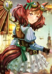  1girl animal_ears belt black_corset blue_shirt blush bow breasts brown_belt brown_eyes brown_hair commentary_request corset dated_commentary ear_bow ear_covers ear_ribbon goggles goggles_on_head green_bow highres horse_ears horse_girl horse_tail juliet_sleeves long_sleeves looking_at_viewer looking_back mechanical_wings medium_hair multicolored_hair nice_nature_(umamusume) open_mouth otono_(bkt4b) parted_lips puffy_sleeves shirt skirt solo streaked_hair striped_clothes striped_shirt tail tail_bow tail_ornament twintails umamusume white_skirt wings 