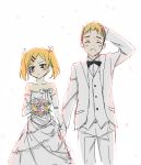  1boy 1girl blonde_hair bouquet dress flower hatsunatsu holding_hands ribbon shirobako takanashi_tarou twintails wedding_dress yano_erika 