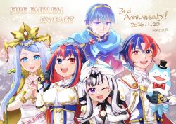  1other 2boys 3girls anniversary black_hair blue_eyes blue_hair bow bowtie breasts commentary_request crossed_bangs female_alear_(fire_emblem) fire_emblem fire_emblem_engage hair_between_eyes heterochromia kszm_fe large_breasts long_hair looking_at_viewer lumera_(fire_emblem) male_alear_(fire_emblem) marth_(fire_emblem) multicolored_hair multiple_boys multiple_girls open_mouth red_bow red_bowtie red_eyes red_hair sommie_(fire_emblem) split-color_hair two-tone_hair veyle_(fire_emblem) violet_eyes white_hair 