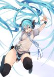  1girl absurdly_long_hair aqua_hair arm_up black_legwear blue_eyes covering covering_ass floating_hair fu-ta grin hatsune_miku headphones long_hair looking_at_viewer nail_polish necktie skirt skirt_tug smile solo sweater_vest thigh-highs treble_clef twintails very_long_hair vocaloid 