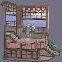  1girl animal bag blonde_hair blue_kimono chigu closed_eyes closed_mouth clothed_animal commentary_request floorplan highres japanese_clothes kimono lantern long_sleeves original rabbit red_kimono sandals short_hair sitting solo stairs wide_sleeves 