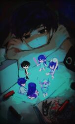  2girls 5boys :d :| antenna_hair aqua_background aqua_dress aqua_hair aqua_pants aqua_shirt aqua_shorts arms_up aubrey_(headspace)_(omori) aubrey_(omori) ball bare_arms bare_legs bare_shoulders barefoot baseball_bat basil_(headspace)_(omori) basil_(omori) black_background black_eyes black_hair black_socks black_tank_top bow brother_and_sister brothers checkered_clothes checkered_shirt chibi chibi_inset closed_mouth colored_skin commentary crayon crossed_arms dark_background double-parted_bangs drawing_(object) dress dual_persona empty_eyes english_commentary expressionless flower flower_wreath glowing grin hair_behind_ear hair_between_eyes hair_bow half-closed_eyes head_wreath hero_(headspace)_(omori) hero_(omori) highres holding holding_ball holding_baseball_bat holding_knife jitome kel_(headspace)_(omori) kel_(omori) kneehighs knife long_hair looking_at_another lying mari_(headspace)_(omori) mari_(omori) miniskirt multiple_boys multiple_girls musical_note no_pupils no_shoes omori omori_(omori) on_stomach pants pink_bow pink_flower pinstripe_pants pinstripe_pattern pinstripe_shirt purple_flower purple_hair purple_skirt shirt short_hair short_sleeves shorts siblings sidelocks simple_background sitting skirt sleeveless sleeveless_shirt smile socks standing straight_hair sunny_(omori) swept_bangs tank_top underlighting upper_body very_long_hair very_short_hair vignetting white_skin yoyoseafish 