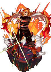  1boy :d belt belt_buckle black_jacket black_pants black_socks blonde_hair buckle cape commentary_request demon_slayer_uniform fangs fighting_stance fire flame_print floating_clothes forked_eyebrows full_body glint hand_on_hilt hands_on_hilt hashimoto_(yanagi-momo) holding holding_sword holding_weapon jacket japanese_clothes katana kimetsu_no_yaiba long_hair long_sleeves looking_at_viewer male_focus multicolored_hair open_mouth pants planted planted_sword pyrokinesis red_eyes red_hair rengoku_kyoujurou rock sandals sheath simple_background smile smoke socks solo sparkle standing sword teeth thick_eyebrows two-tone_hair weapon white_background white_belt white_cape yellow_eyes 